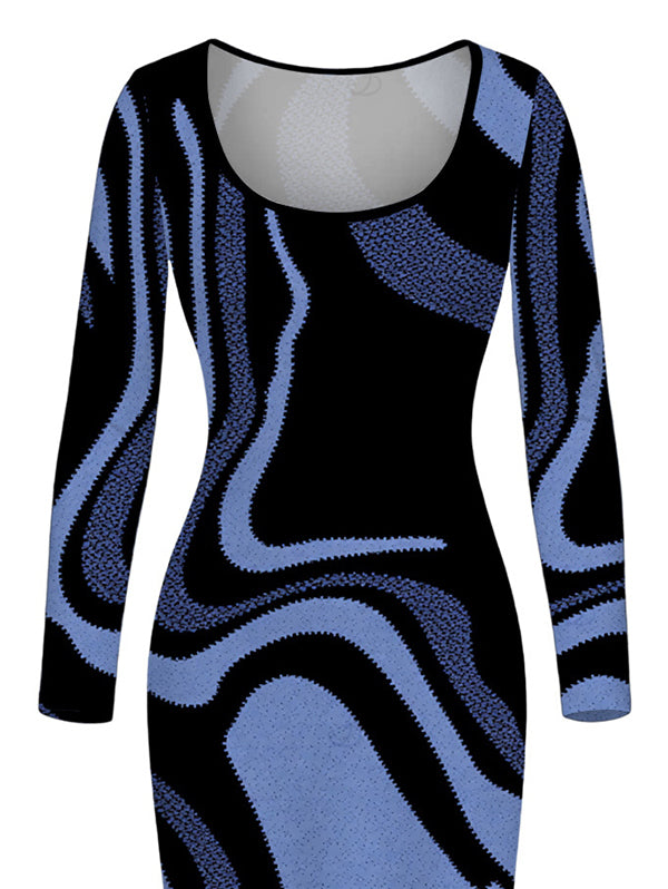 Psychedelic Wave Print U Neck Long Sleeve Bodycon Maxi Vacation Dress