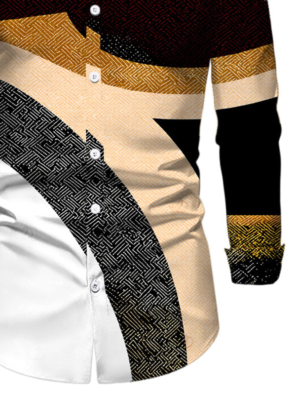 Men's Colorblock Geometric Patchwork Print Button Up Long Sleeve Vacation Shirt