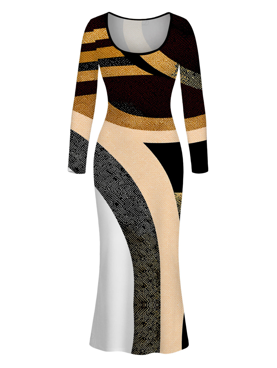 Colorblock Geometric Patchwork Print U Neck Long Sleeve Bodycon Vacation Dress