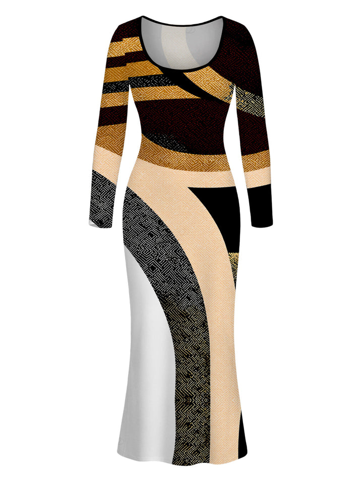 Colorblock Geometric Patchwork Print U Neck Long Sleeve Bodycon Vacation Dress