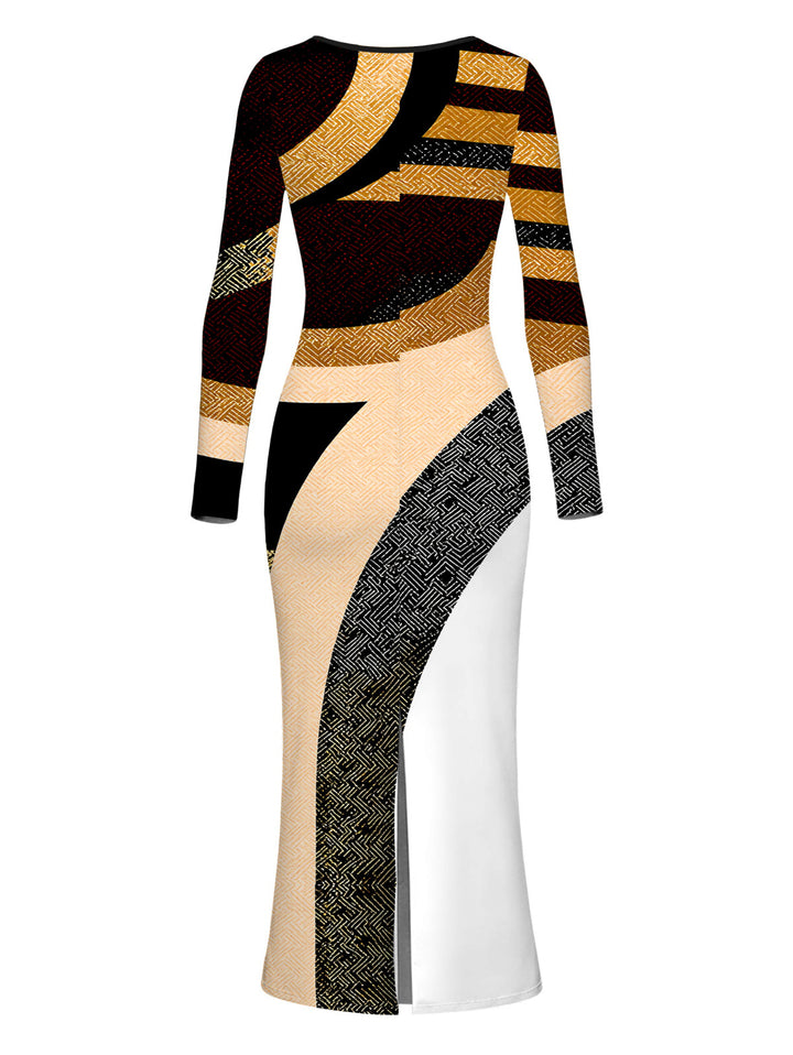 Colorblock Geometric Patchwork Print U Neck Long Sleeve Bodycon Vacation Dress