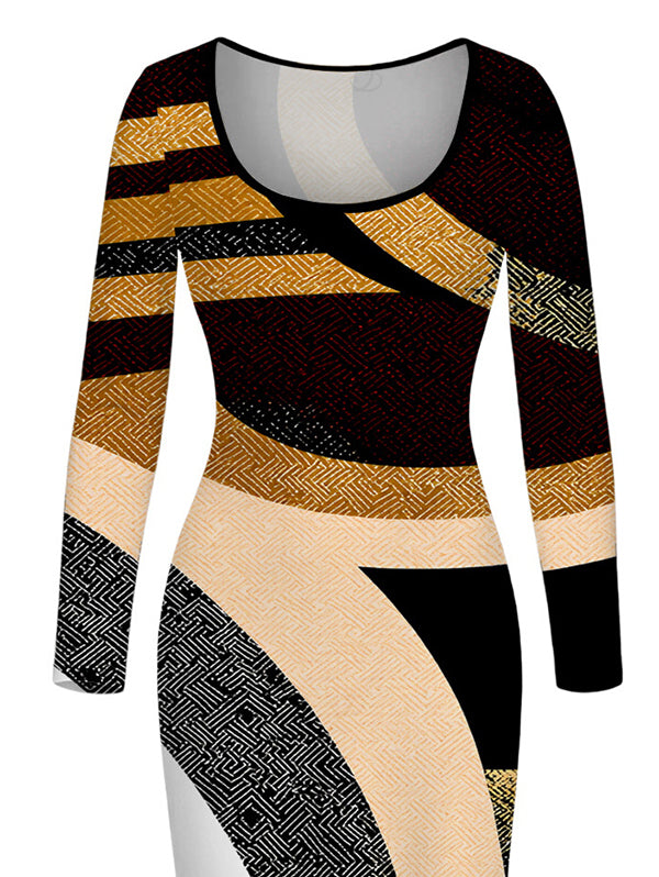 Colorblock Geometric Patchwork Print U Neck Long Sleeve Bodycon Vacation Dress