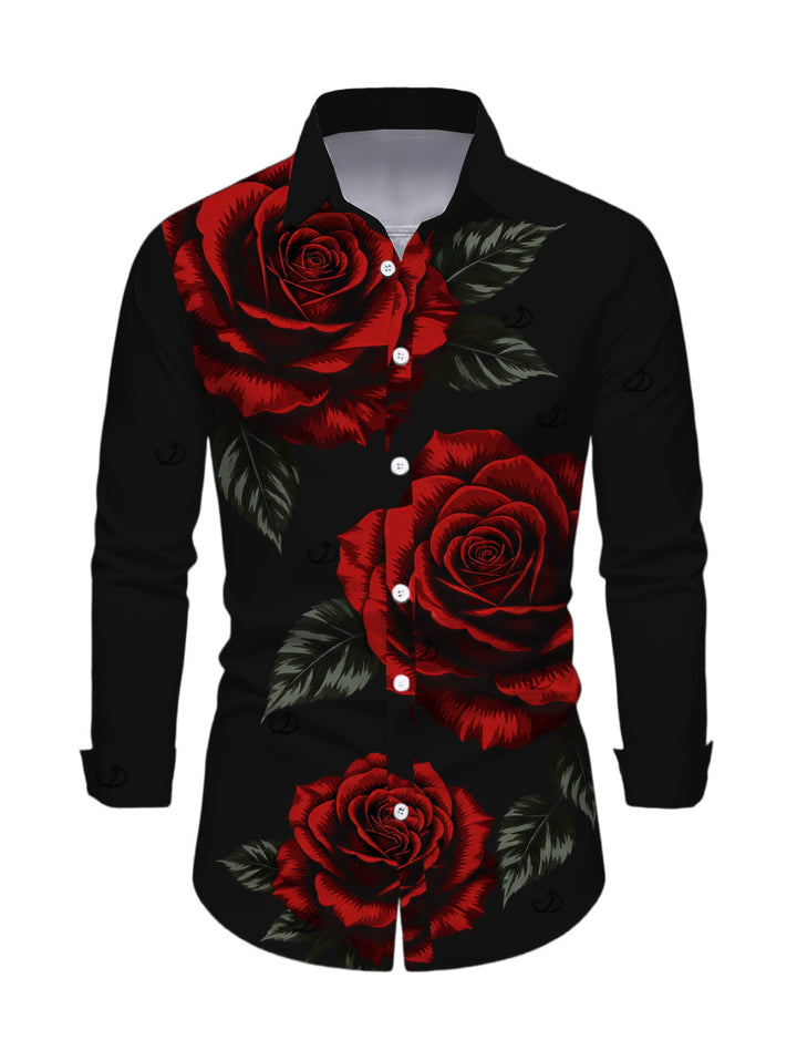Men's Rose Floral Leaf Print Button Up Long Sleeve Vacation Shirt