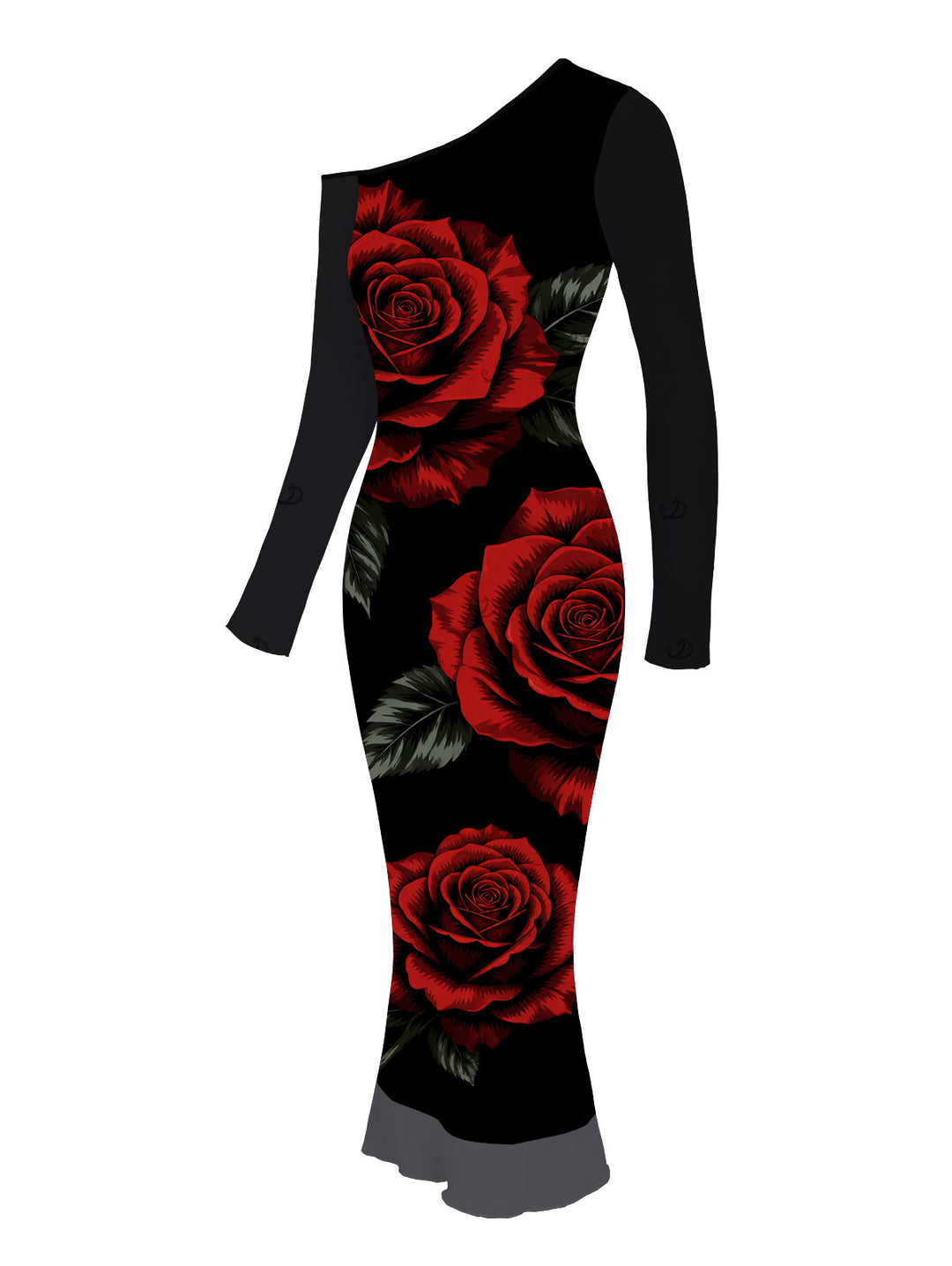Rose Floral Leaf Print Skew Neck Mesh Panel Long Sleeve Bodycon Vacation Dress