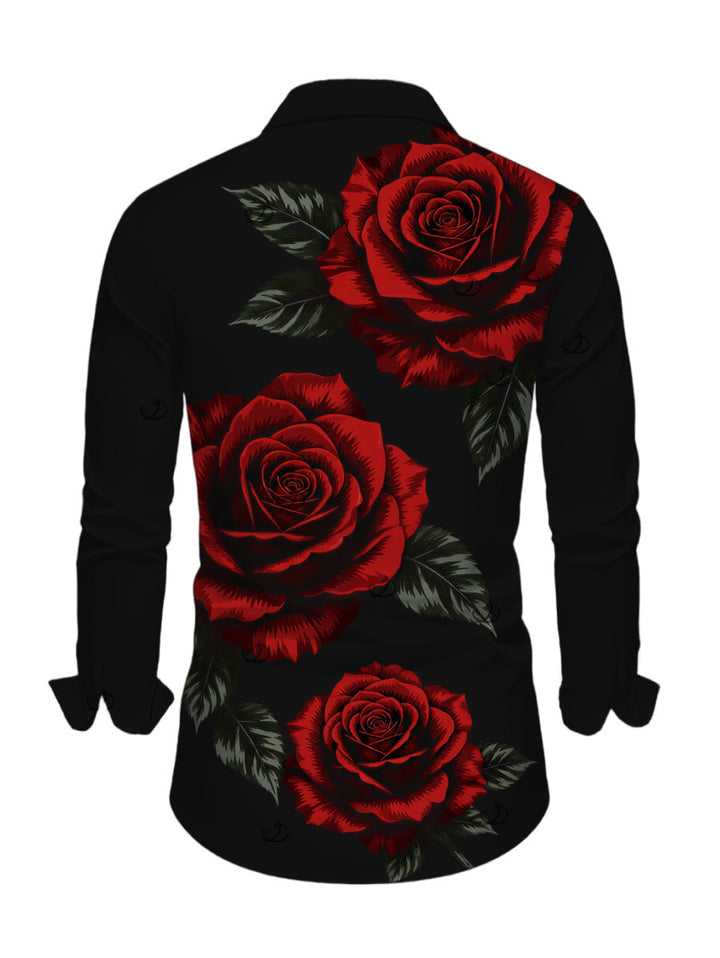 Men's Rose Floral Leaf Print Button Up Long Sleeve Vacation Shirt
