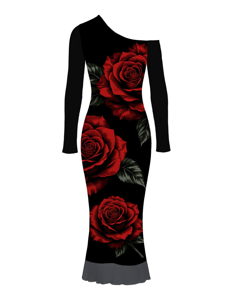 Rose Floral Leaf Print Skew Neck Mesh Panel Long Sleeve Bodycon Vacation Dress