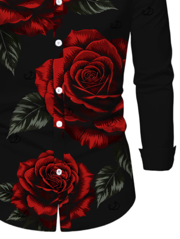 Men's Rose Floral Leaf Print Button Up Long Sleeve Vacation Shirt