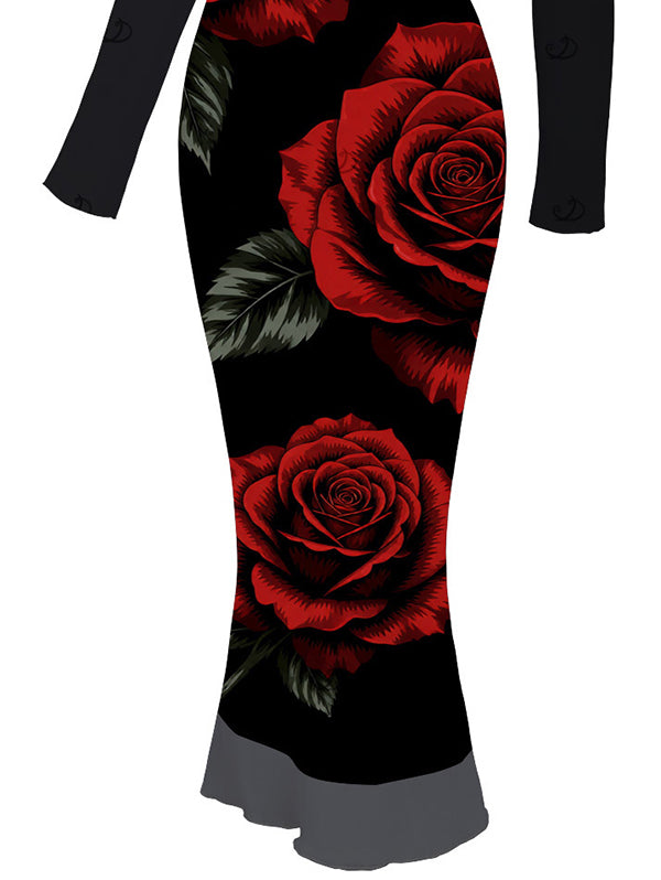 Rose Floral Leaf Print Skew Neck Mesh Panel Long Sleeve Bodycon Vacation Dress
