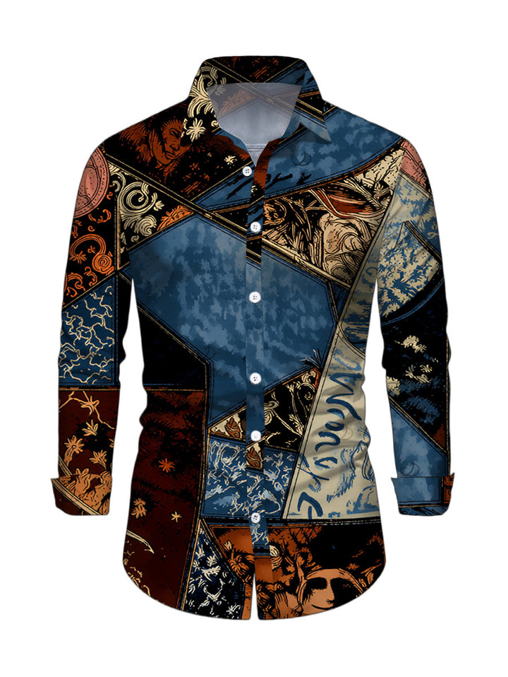 Men's Vintage Collage Poster Graphic Print Button Up Long Sleeve Vacation Shirt