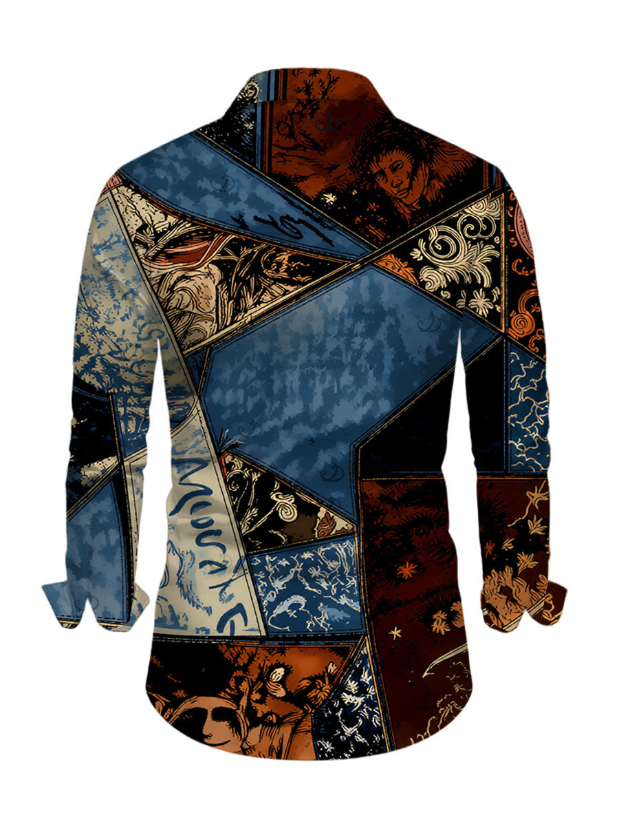 Men's Vintage Collage Poster Graphic Print Button Up Long Sleeve Vacation Shirt