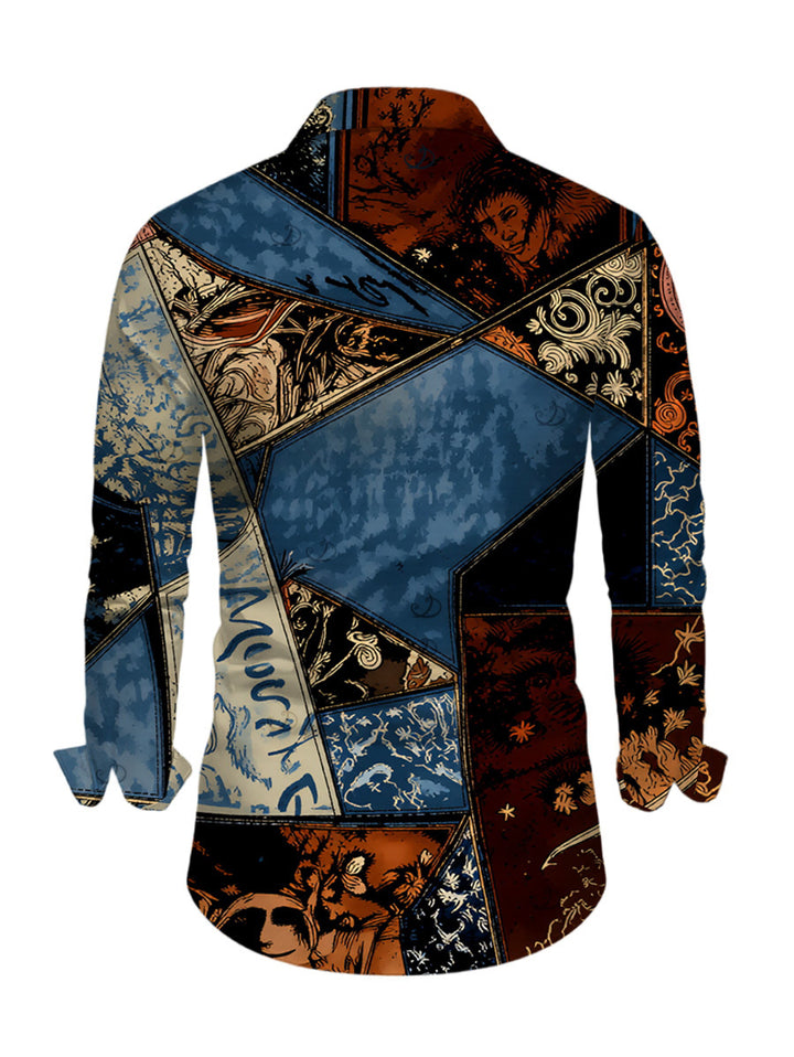 Men's Vintage Collage Poster Graphic Print Button Up Long Sleeve Vacation Shirt