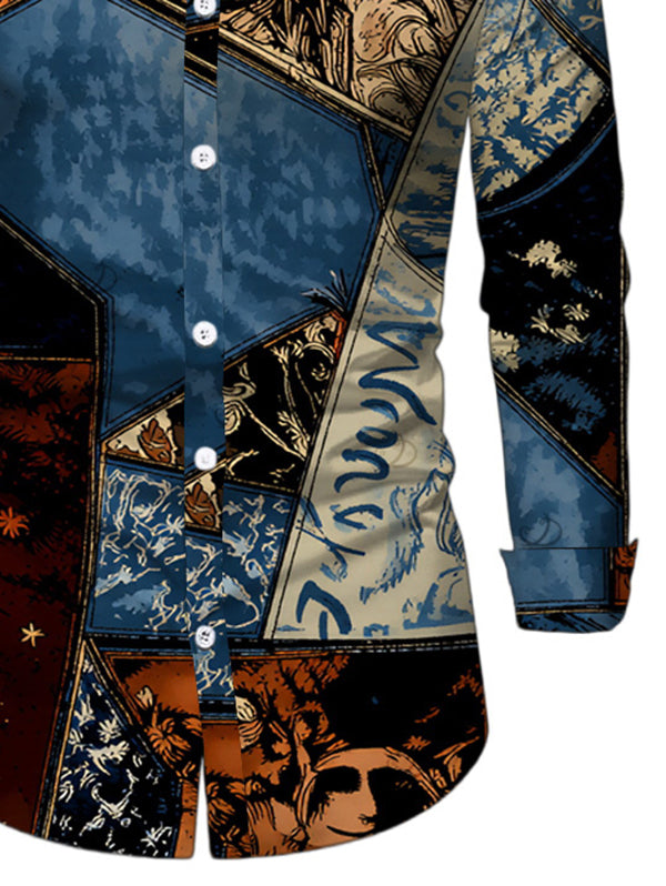 Men's Vintage Collage Poster Graphic Print Button Up Long Sleeve Vacation Shirt