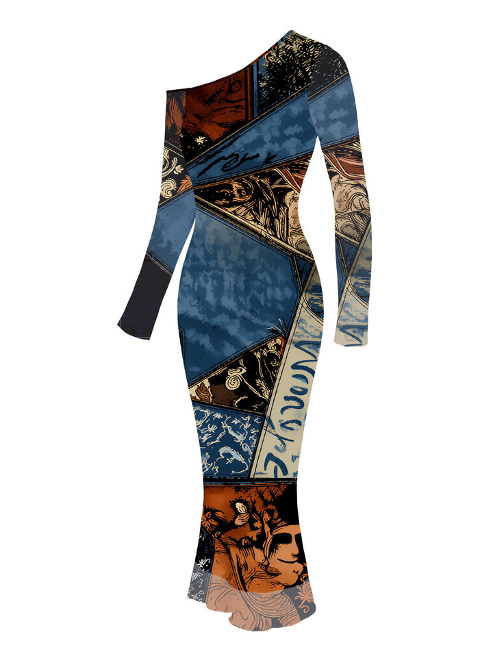 Vintage Collage Poster Graphic Print Skew Neck Mesh Panel Long Sleeve Bodycon Dress