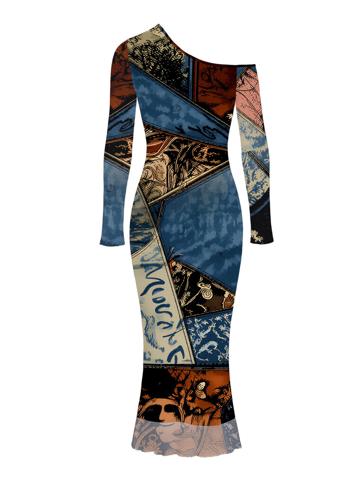 Vintage Collage Poster Graphic Print Skew Neck Mesh Panel Long Sleeve Bodycon Dress