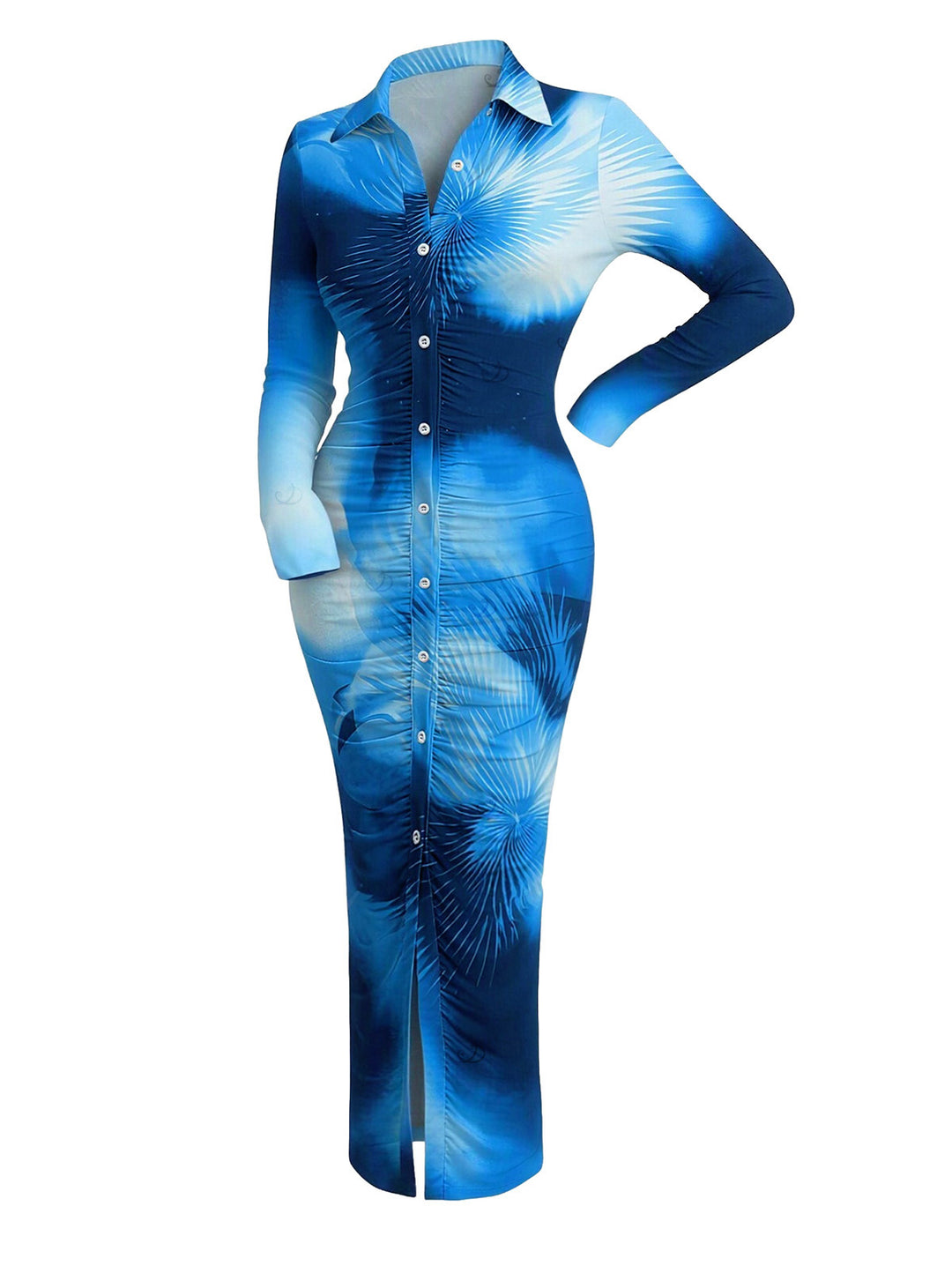 Ombre Palm Leaf Print Turn Down Collar Ruched Vacation Bodycon Shirt Dress