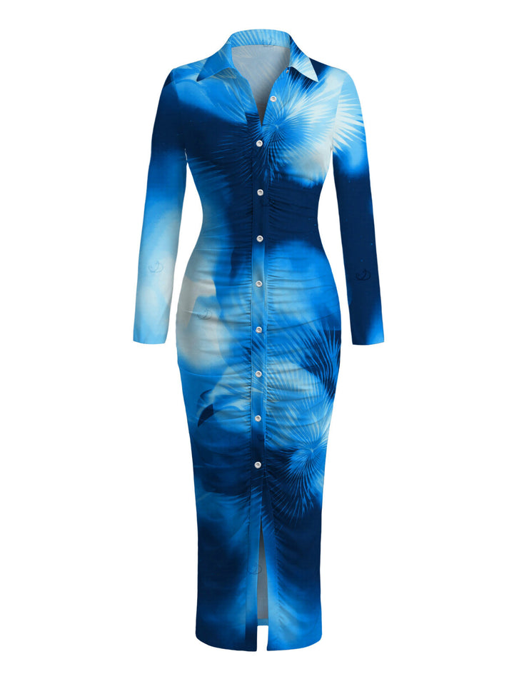 Ombre Palm Leaf Print Turn Down Collar Ruched Vacation Bodycon Shirt Dress