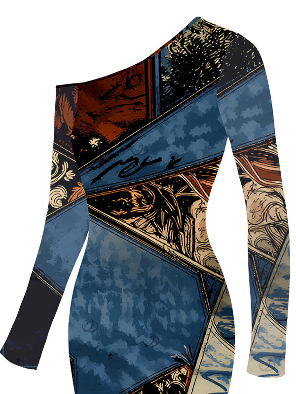 Vintage Collage Poster Graphic Print Skew Neck Mesh Panel Long Sleeve Bodycon Dress