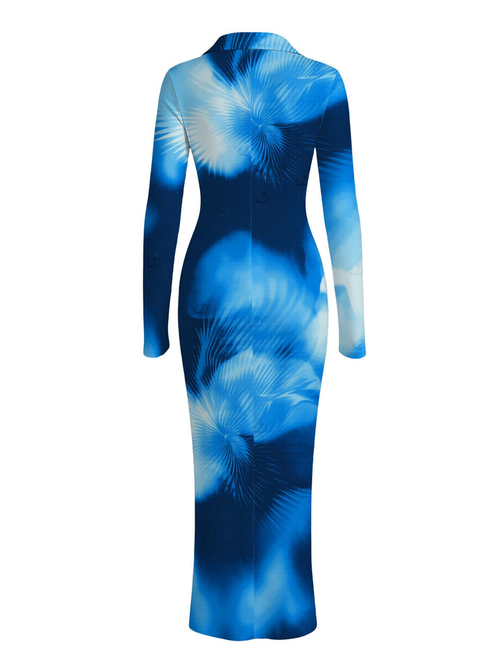 Ombre Palm Leaf Print Turn Down Collar Ruched Vacation Bodycon Shirt Dress