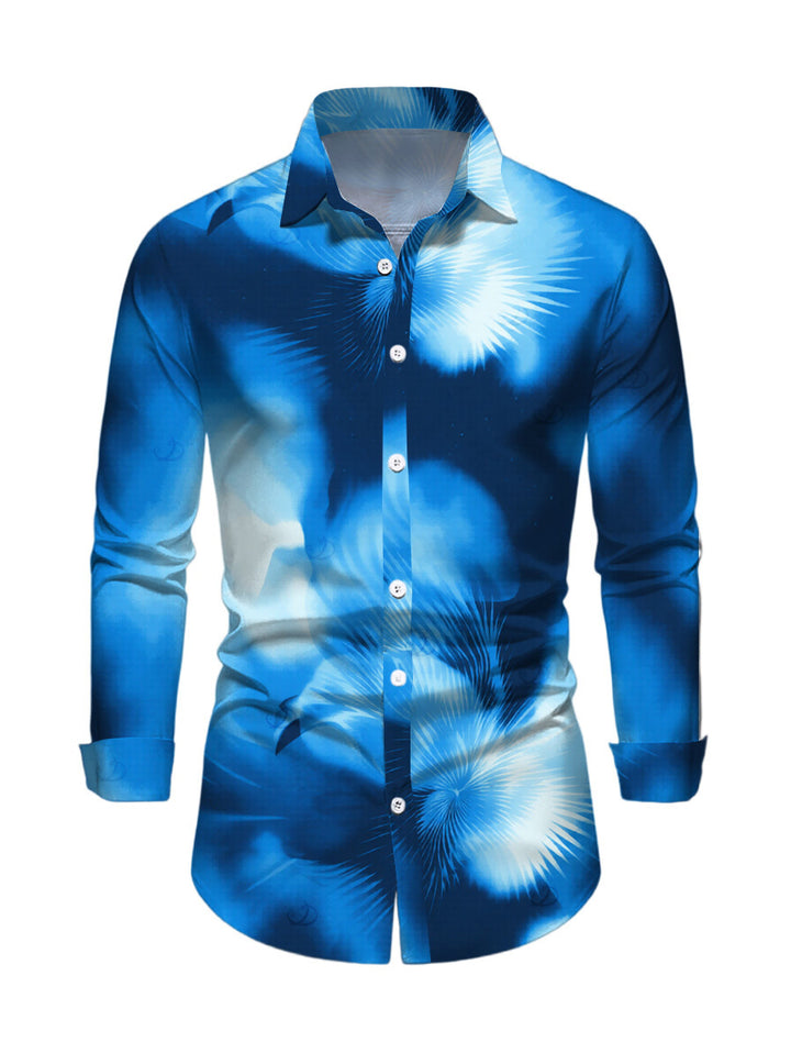 Men's Ombre Palm Leaf Print Button Up Long Sleeve Vacation Shirt