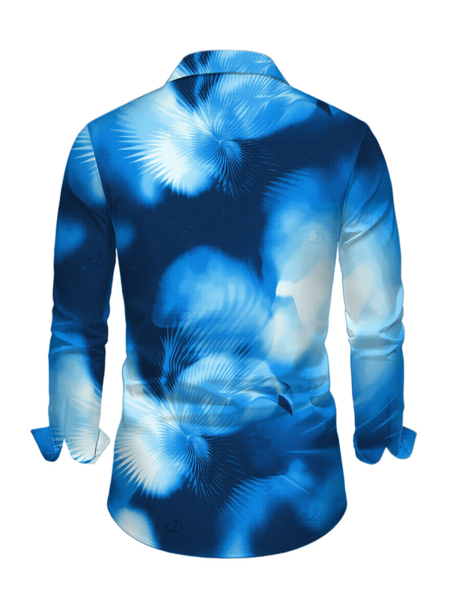 Men's Ombre Palm Leaf Print Button Up Long Sleeve Vacation Shirt