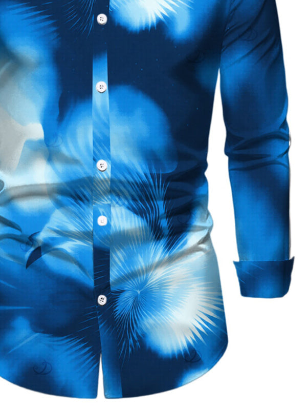 Men's Ombre Palm Leaf Print Button Up Long Sleeve Vacation Shirt