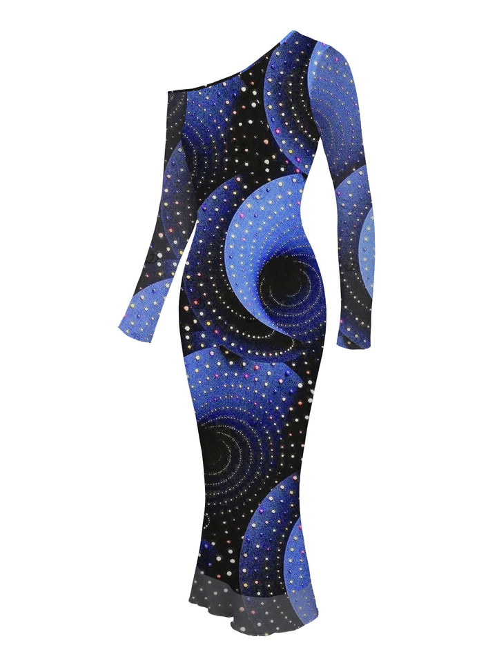 Starry Sky Swirl Rhinestone Print Mesh Skew Neck Long Sleeve Bodycon Vacation Dress
