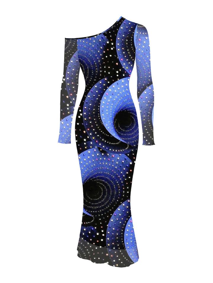 Starry Sky Swirl Rhinestone Print Mesh Skew Neck Long Sleeve Bodycon Vacation Dress