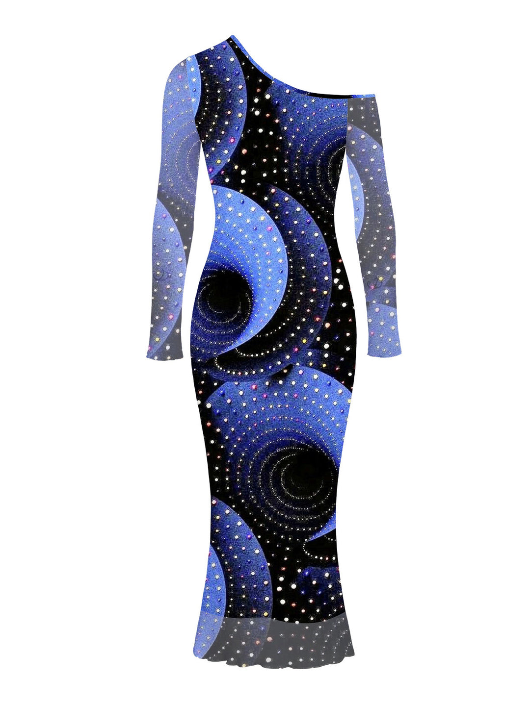 Starry Sky Swirl Rhinestone Print Mesh Skew Neck Long Sleeve Bodycon Vacation Dress