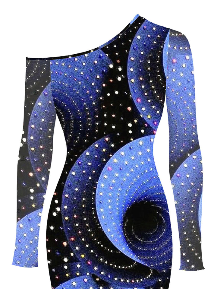 Starry Sky Swirl Rhinestone Print Mesh Skew Neck Long Sleeve Bodycon Vacation Dress