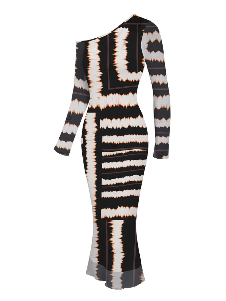 Colorblock Tie Dye Striped Print Skew Neck Mesh Long Sleeve Bodycon Vacation Dress