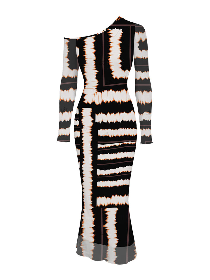 Colorblock Tie Dye Striped Print Skew Neck Mesh Long Sleeve Bodycon Vacation Dress