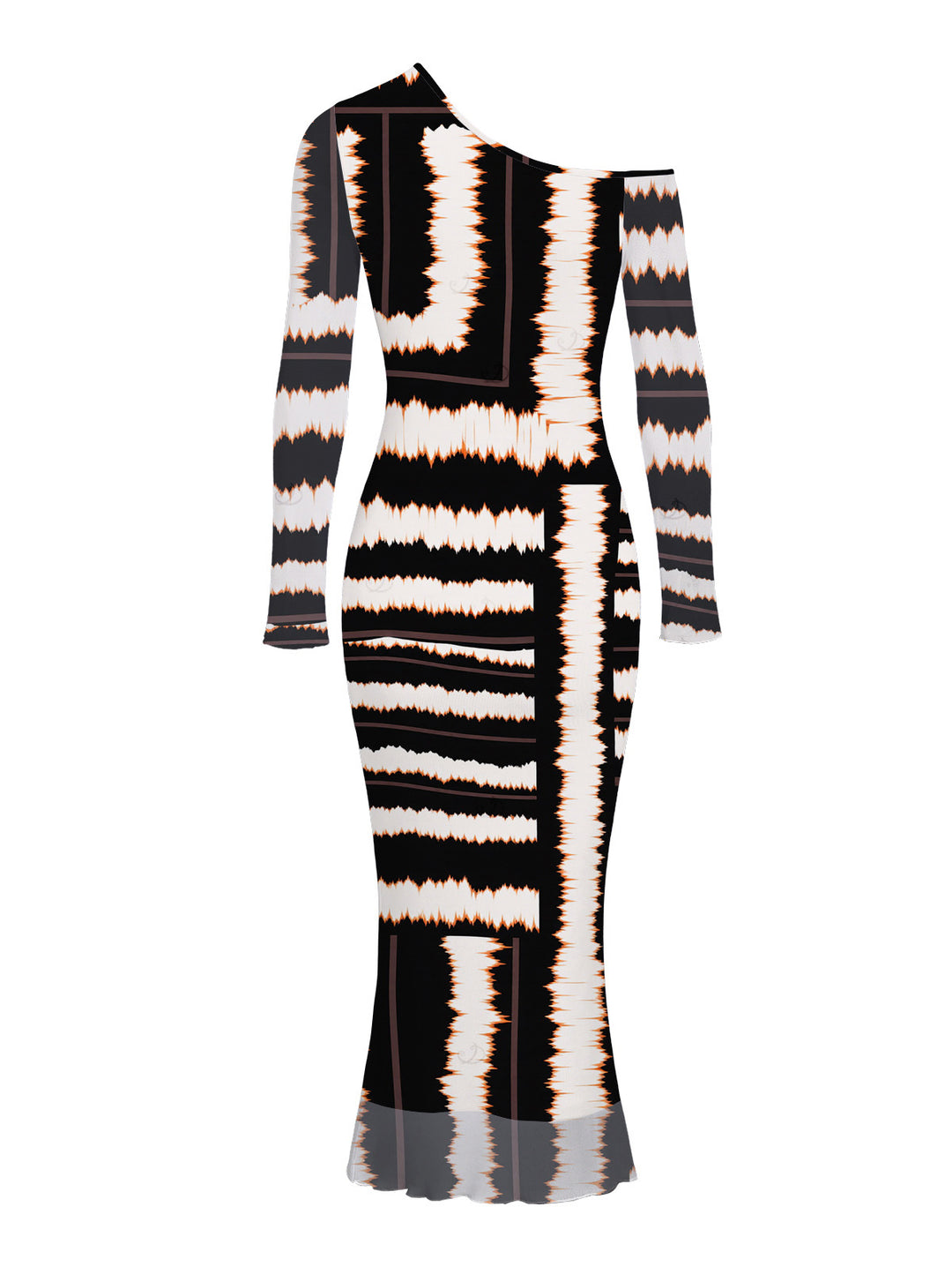 Colorblock Tie Dye Striped Print Skew Neck Mesh Long Sleeve Bodycon Vacation Dress