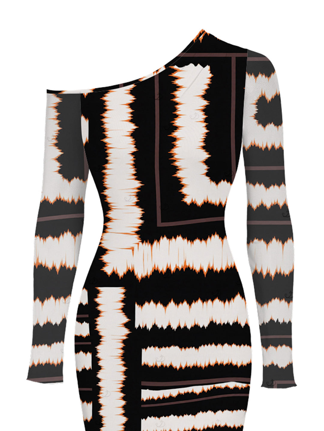 Colorblock Tie Dye Striped Print Skew Neck Mesh Long Sleeve Bodycon Vacation Dress