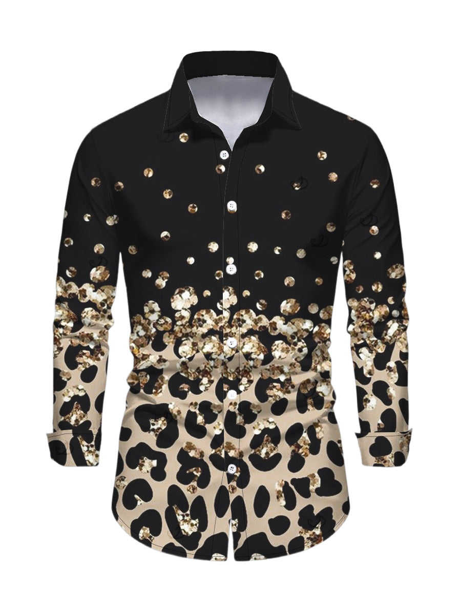 Men's Leopard Print Panel Button Up Long Sleeve Vintage Shirt