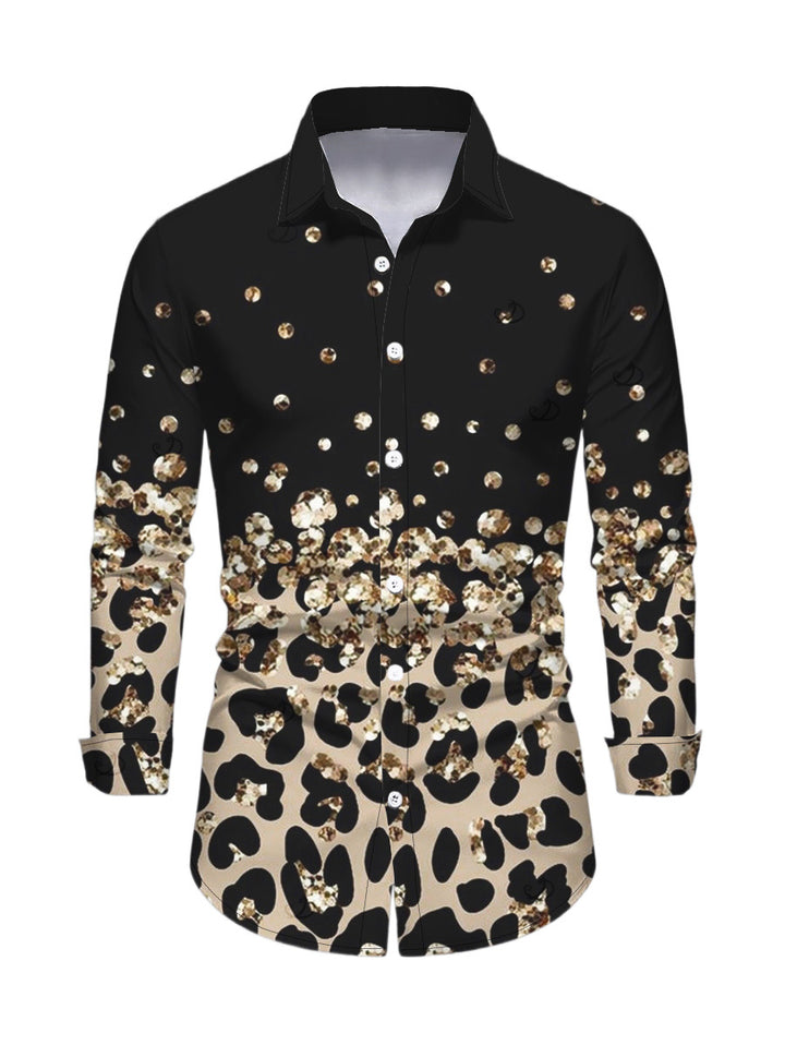 Men's Leopard Print Panel Button Up Long Sleeve Vintage Shirt