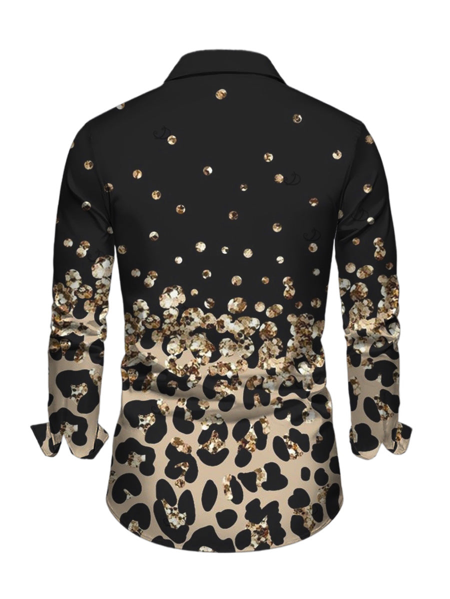 Men's Leopard Print Panel Button Up Long Sleeve Vintage Shirt