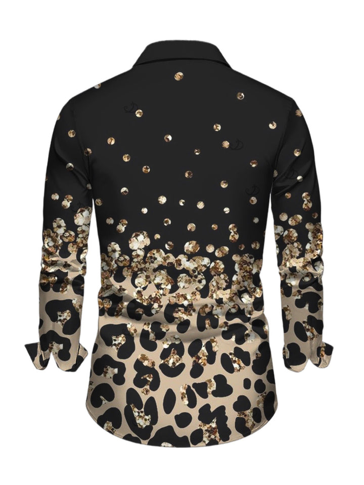 Men's Leopard Print Panel Button Up Long Sleeve Vintage Shirt