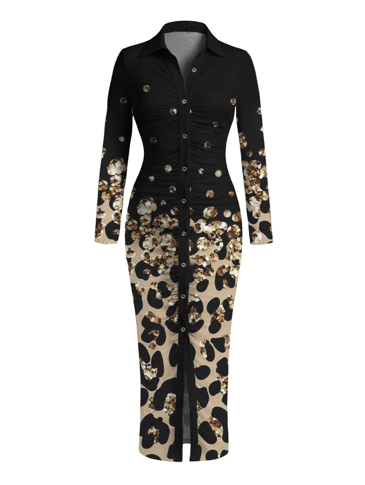 Leopard Print Panel Turn Down Collar Ruched Bodycon Vintage Shirt Dress