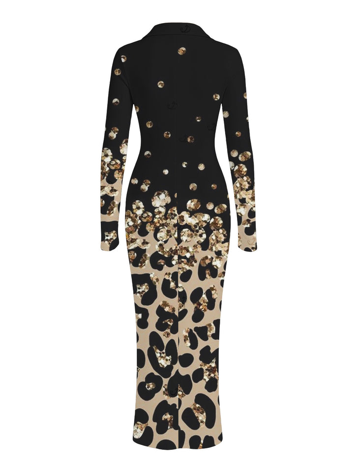 Leopard Print Panel Turn Down Collar Ruched Bodycon Vintage Shirt Dress