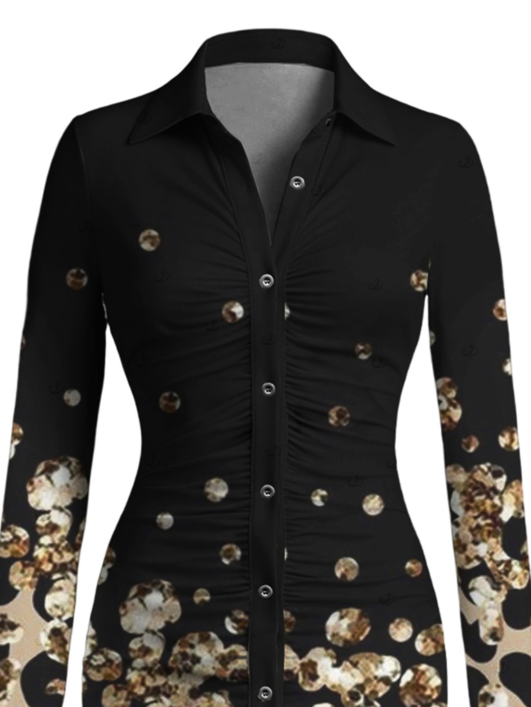 Leopard Print Panel Turn Down Collar Ruched Bodycon Vintage Shirt Dress