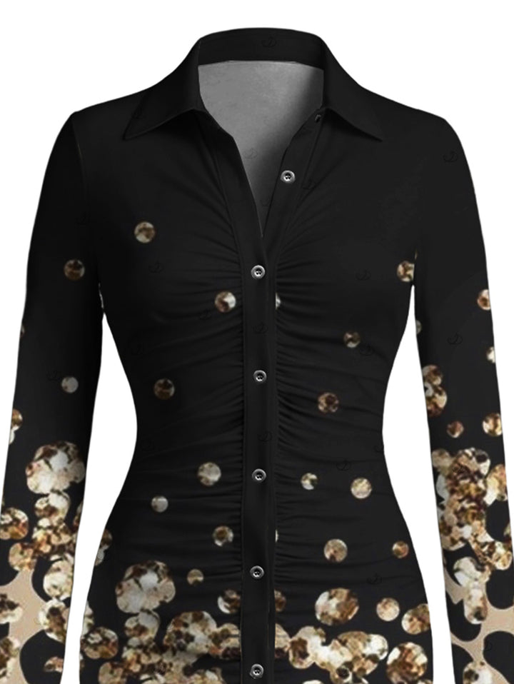 Leopard Print Panel Turn Down Collar Ruched Bodycon Vintage Shirt Dress