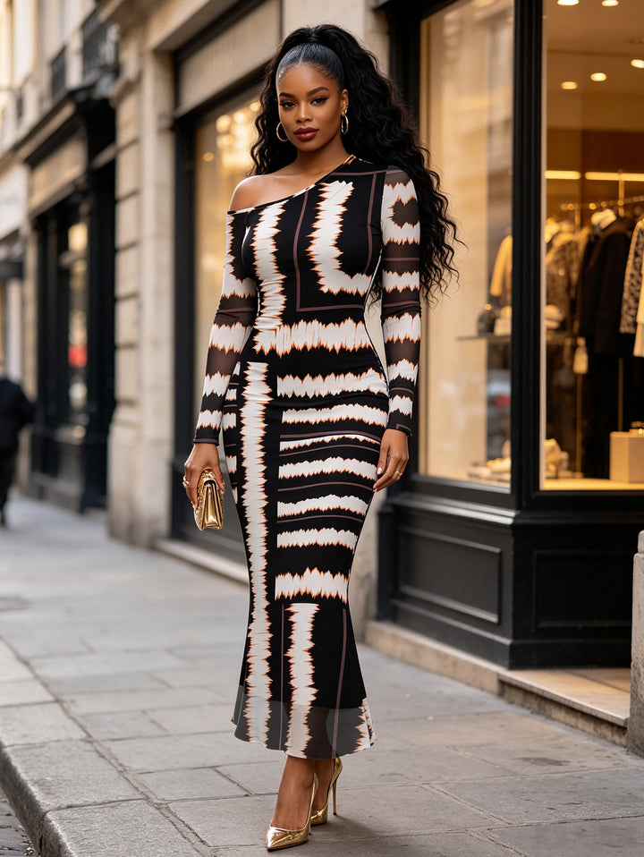 Colorblock Tie Dye Striped Print Skew Neck Mesh Long Sleeve Bodycon Vacation Dress