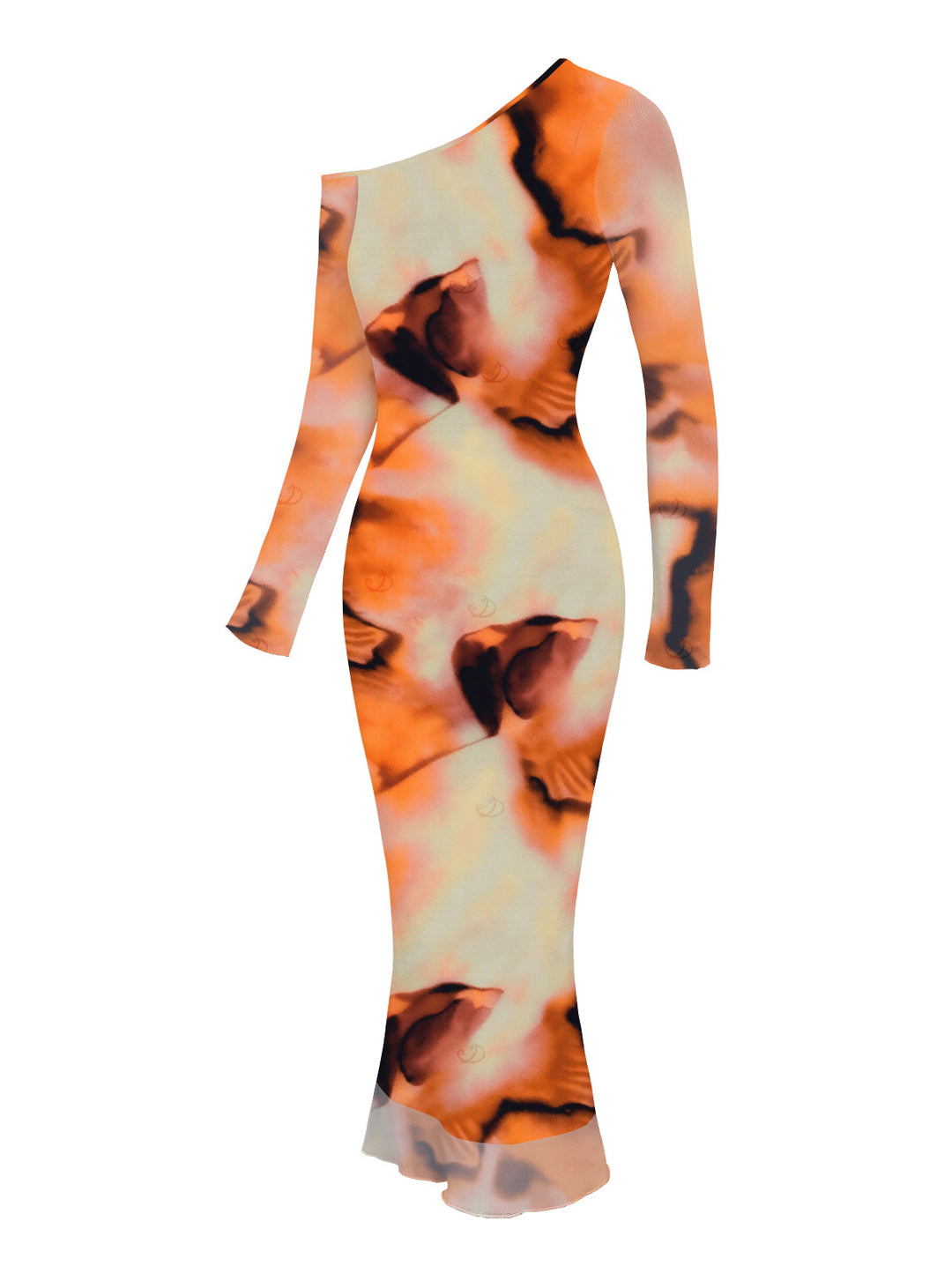 Abstract Tie Dye Print Mesh Skew Neck Long Sleeve Bodycon Vacation Dress
