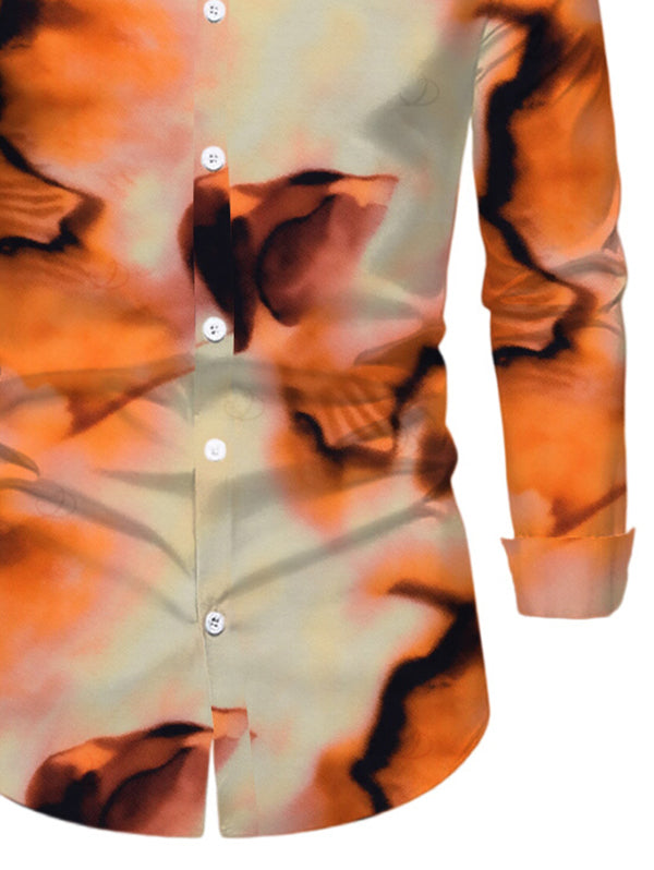Men's Abstract Tie Dye Print Button Up Long Sleeve Vacation Shirt
