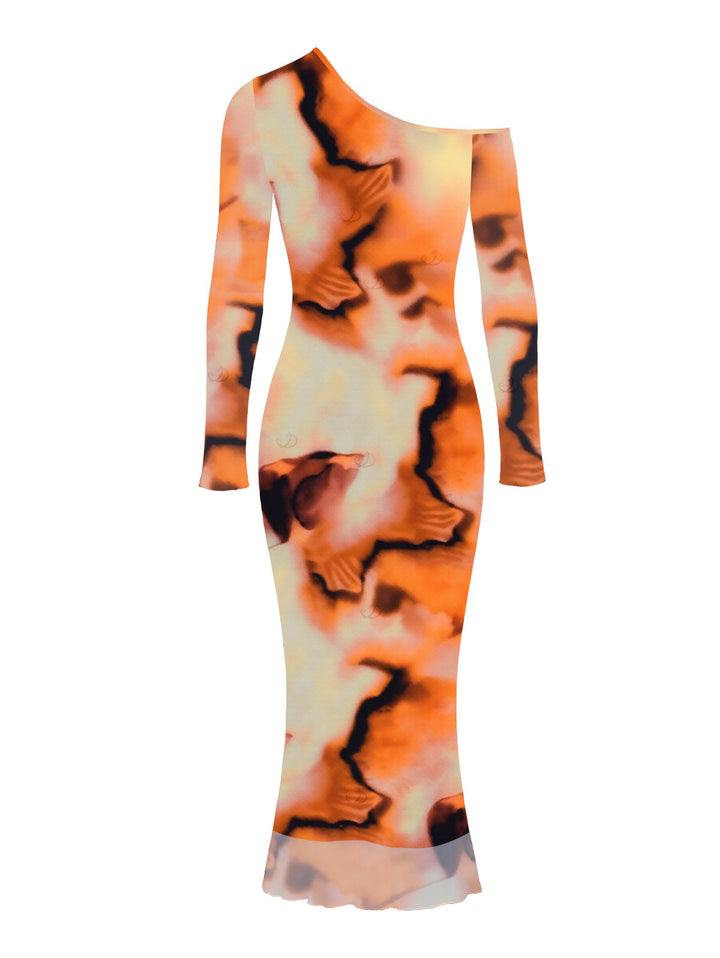 Abstract Tie Dye Print Mesh Skew Neck Long Sleeve Bodycon Vacation Dress