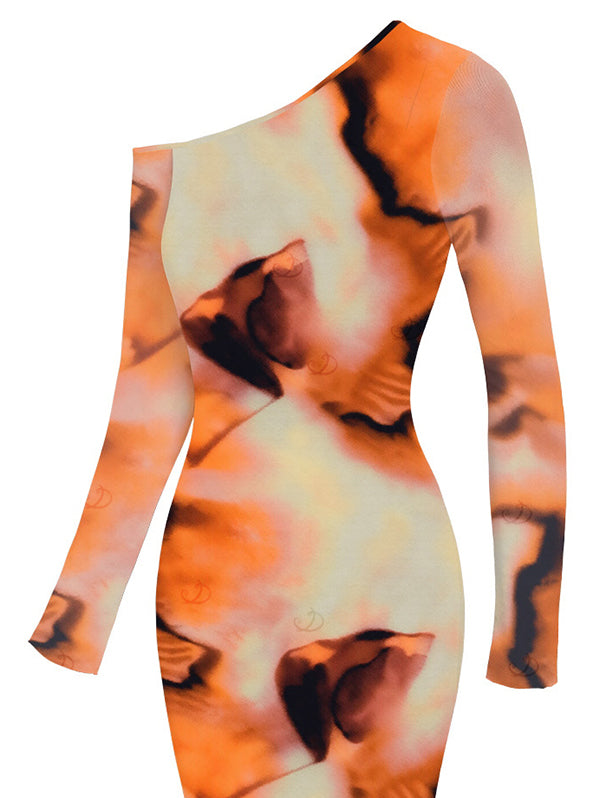 Abstract Tie Dye Print Mesh Skew Neck Long Sleeve Bodycon Vacation Dress