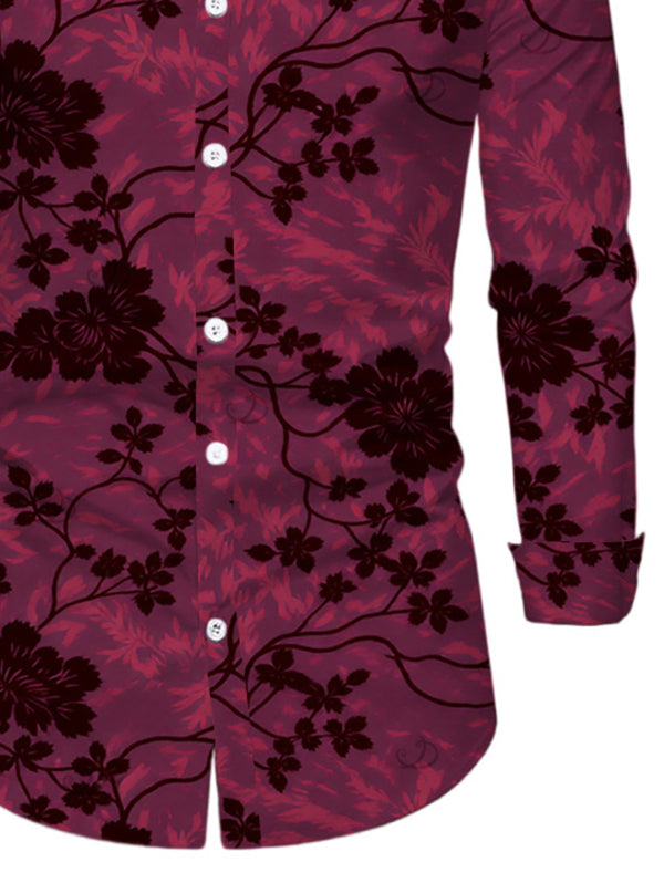 Men's Floral Leaf Print Button Up Long Sleeve Vintage Shirt