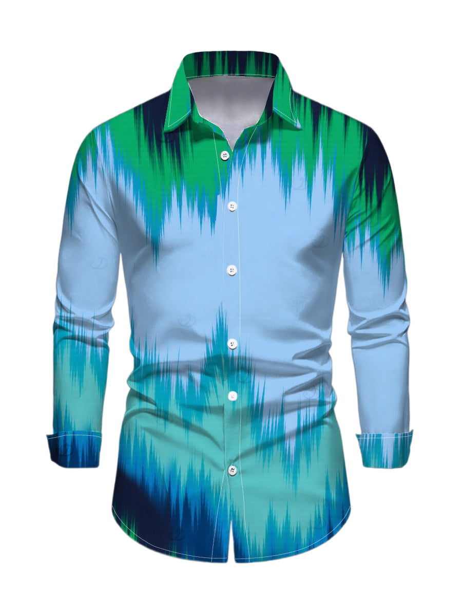 Men's Ombre Tie Dye Zig Zag Print Button Up Long Sleeve Vintage Vacation Shirt