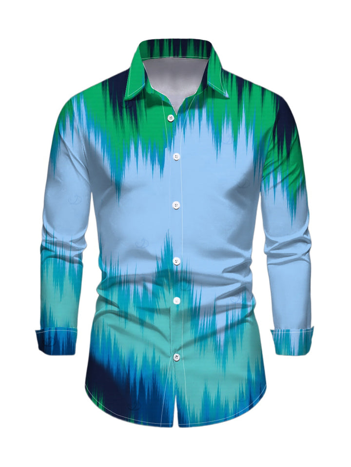 Men's Ombre Tie Dye Zig Zag Print Button Up Long Sleeve Vintage Vacation Shirt