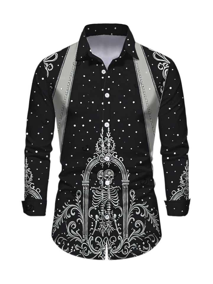Men's Skeleton Skull Polka Dots Printed Button Up Long Sleeve Gothic Shirt